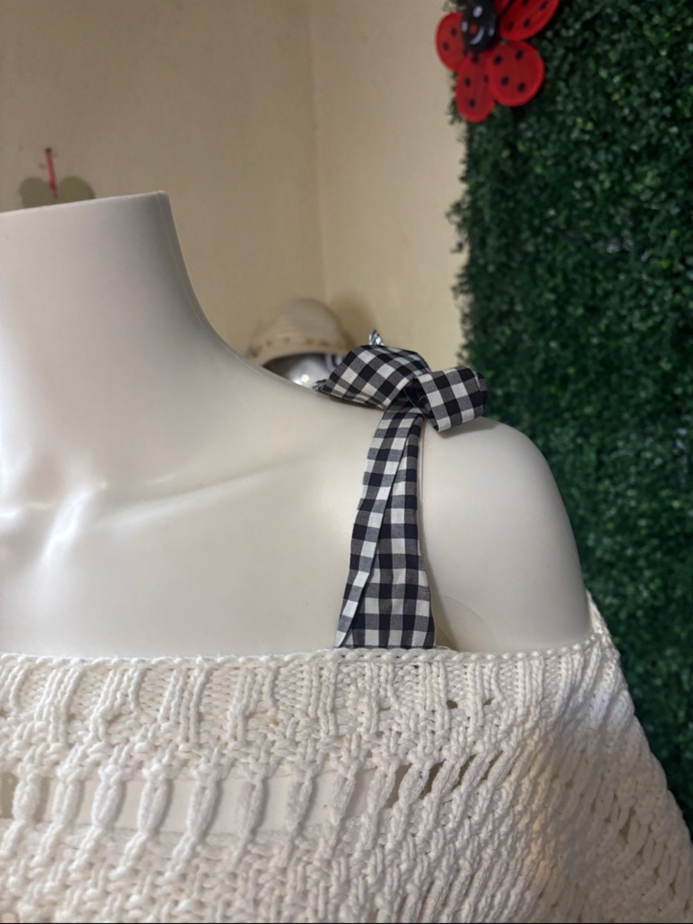 Maeve Ivory Off-Shoulder Knit Sweater with Gingham Tie Straps 232 - Picture 4 of 12